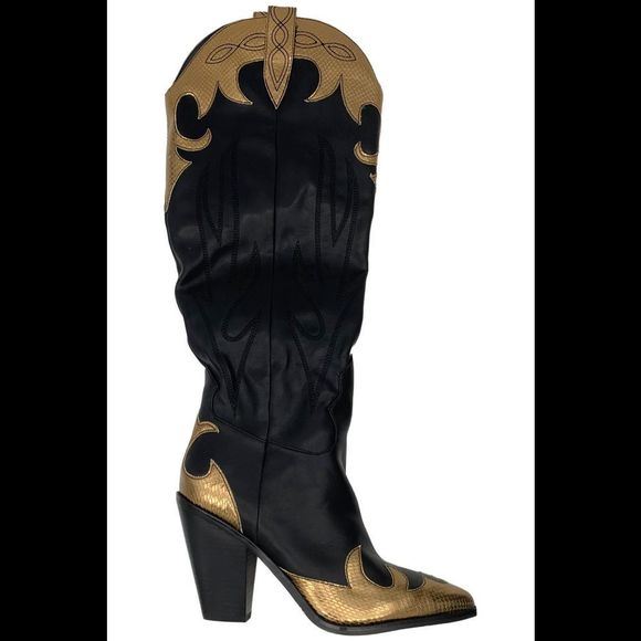 Jessica Simpson Women's Rhetta Flame Knee-High Cowboy Boots Black/Gold - Medium - Picture 1 of 2
